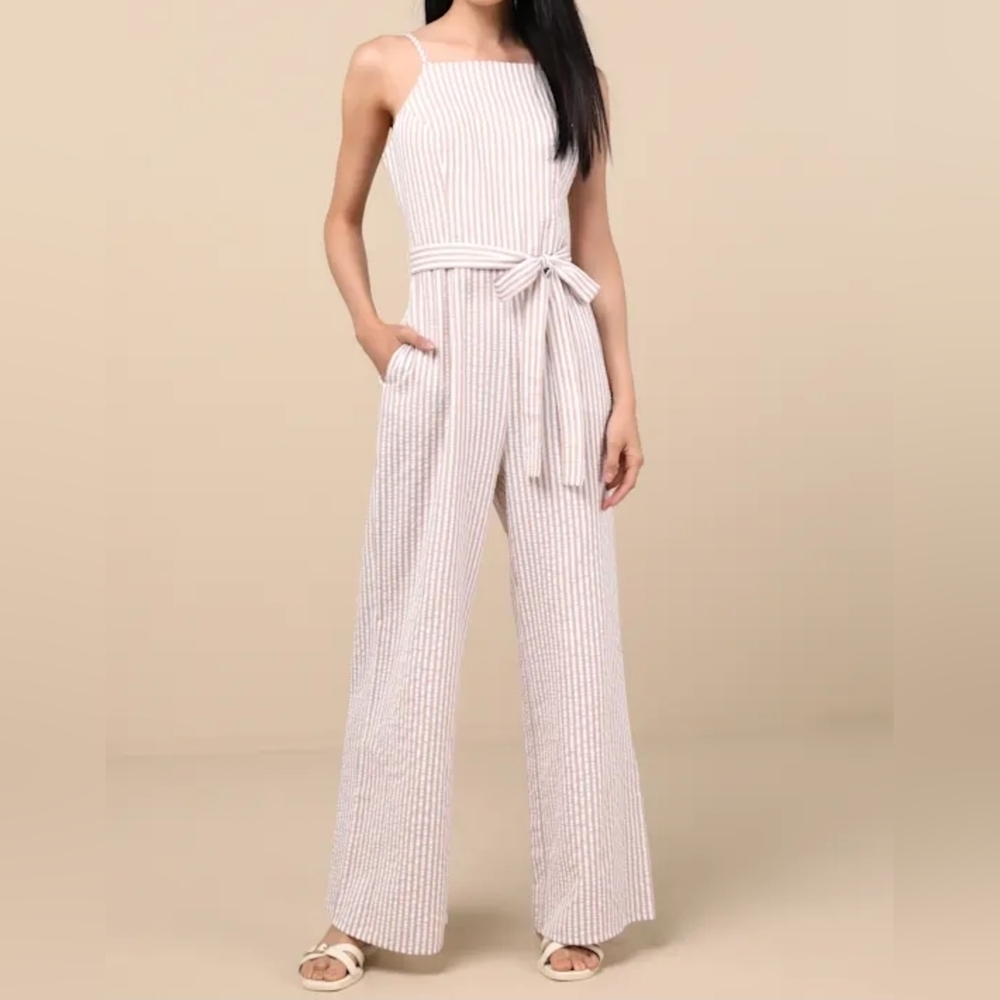 Lulus Messina Beige Striped Wide-Leg Jumpsuit, Size XS